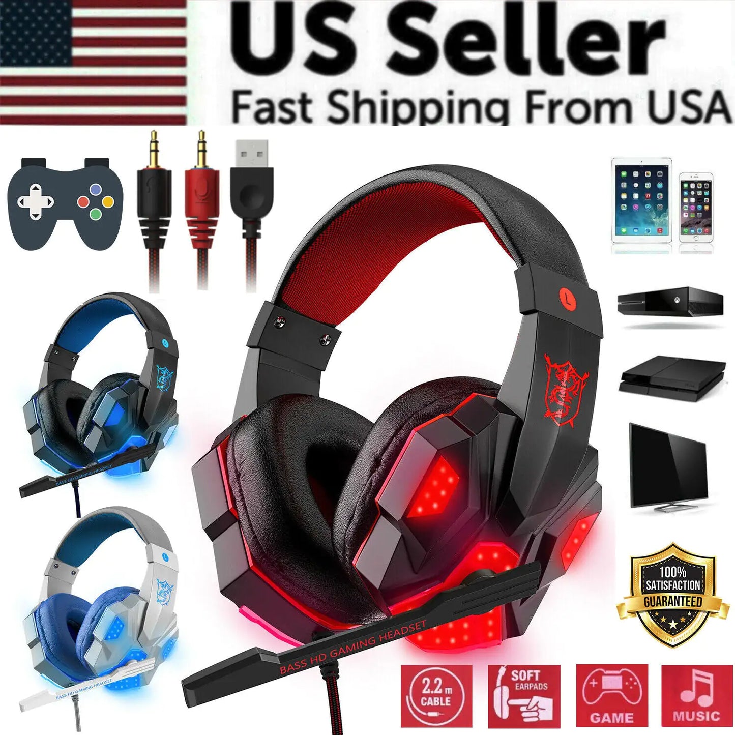 Auriculares para juegos de 3,5 mm con micrófono y LED, estéreo, graves envolventes, para PC, PS4, Xbox One 