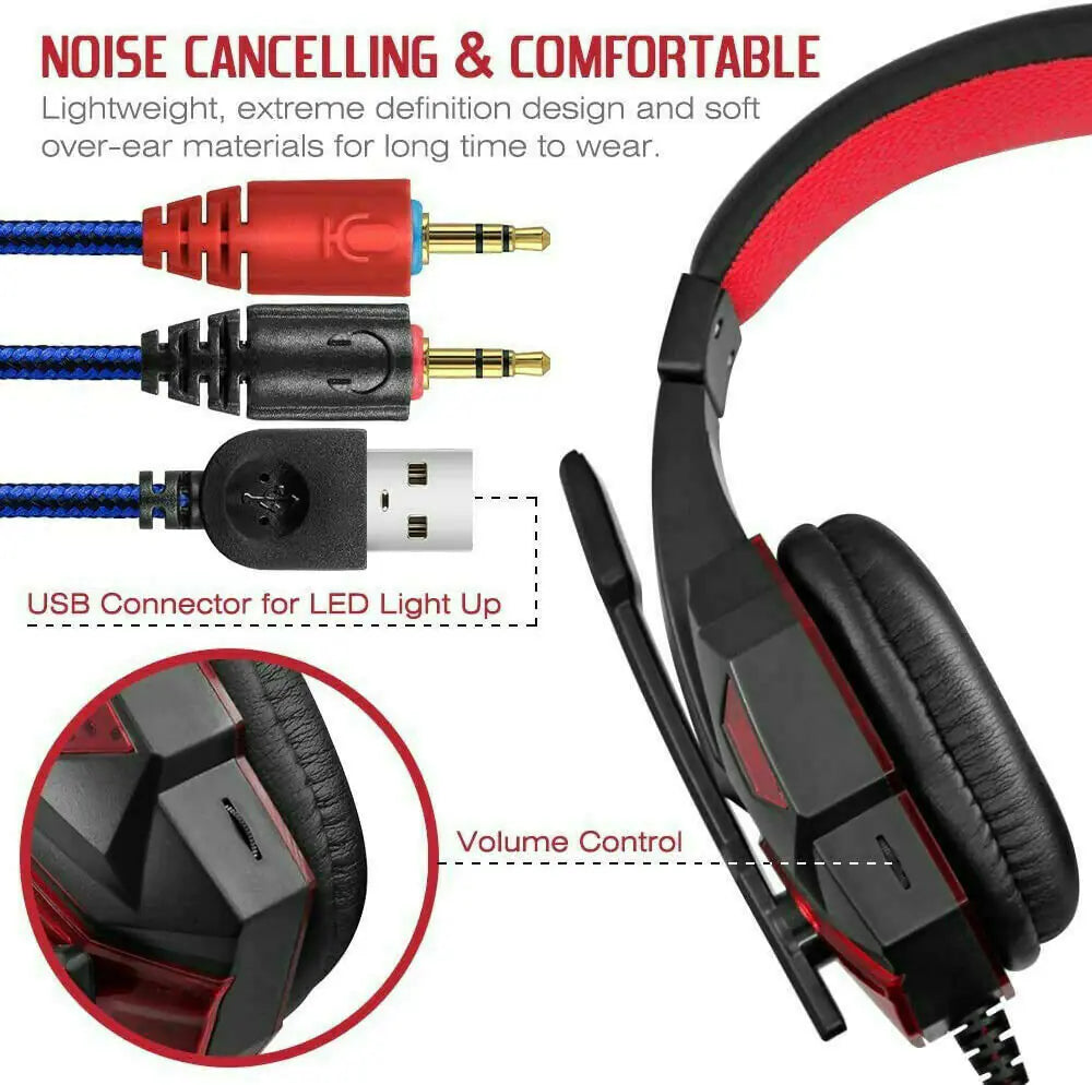 Auriculares para juegos de 3,5 mm con micrófono y LED, estéreo, graves envolventes, para PC, PS4, Xbox One 